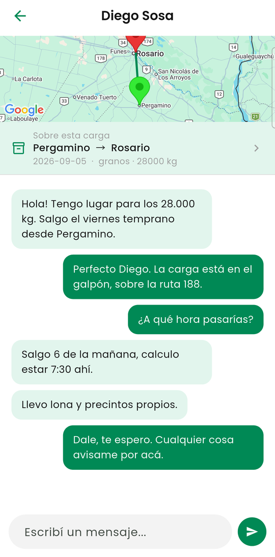 Chat entre productor y transportista, con un mapa del recorrido y los datos de la carga en el encabezado.