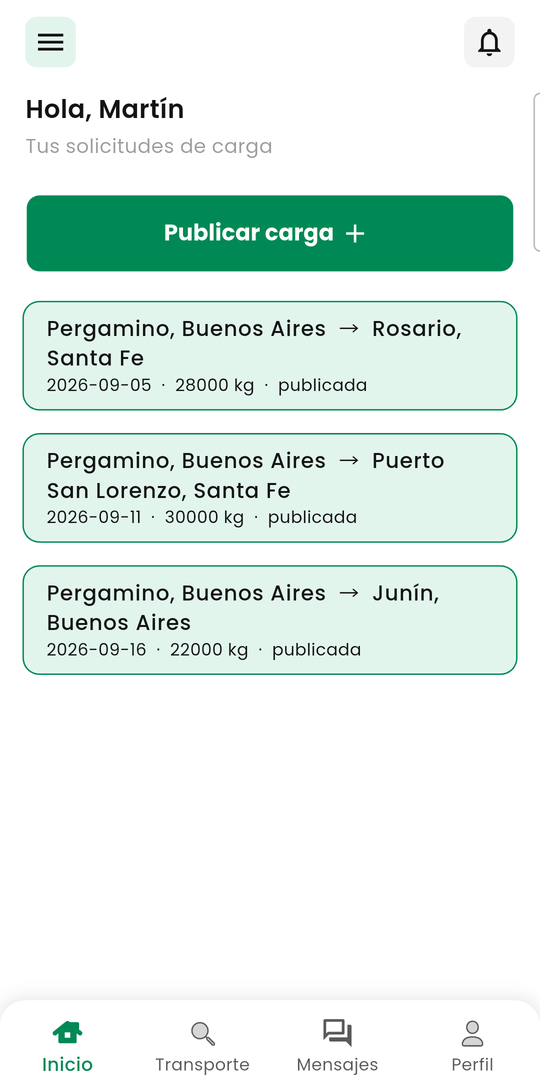 Listado de cargas publicadas por el productor, con origen, destino, fecha y kilos.