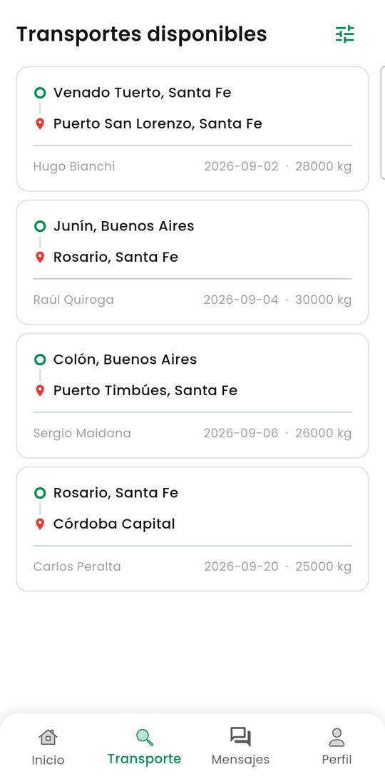 Listado de transportes disponibles en CampoLink, con origen, destino, transportista, fecha y capacidad libre.